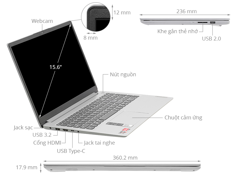 Laptop Lenovo IdeaPad 1 15ALC7 82R400C1VN R7 5700U Ram 16GB SSD 512GB Windows 11 Xám - Hàng Chính Hãng