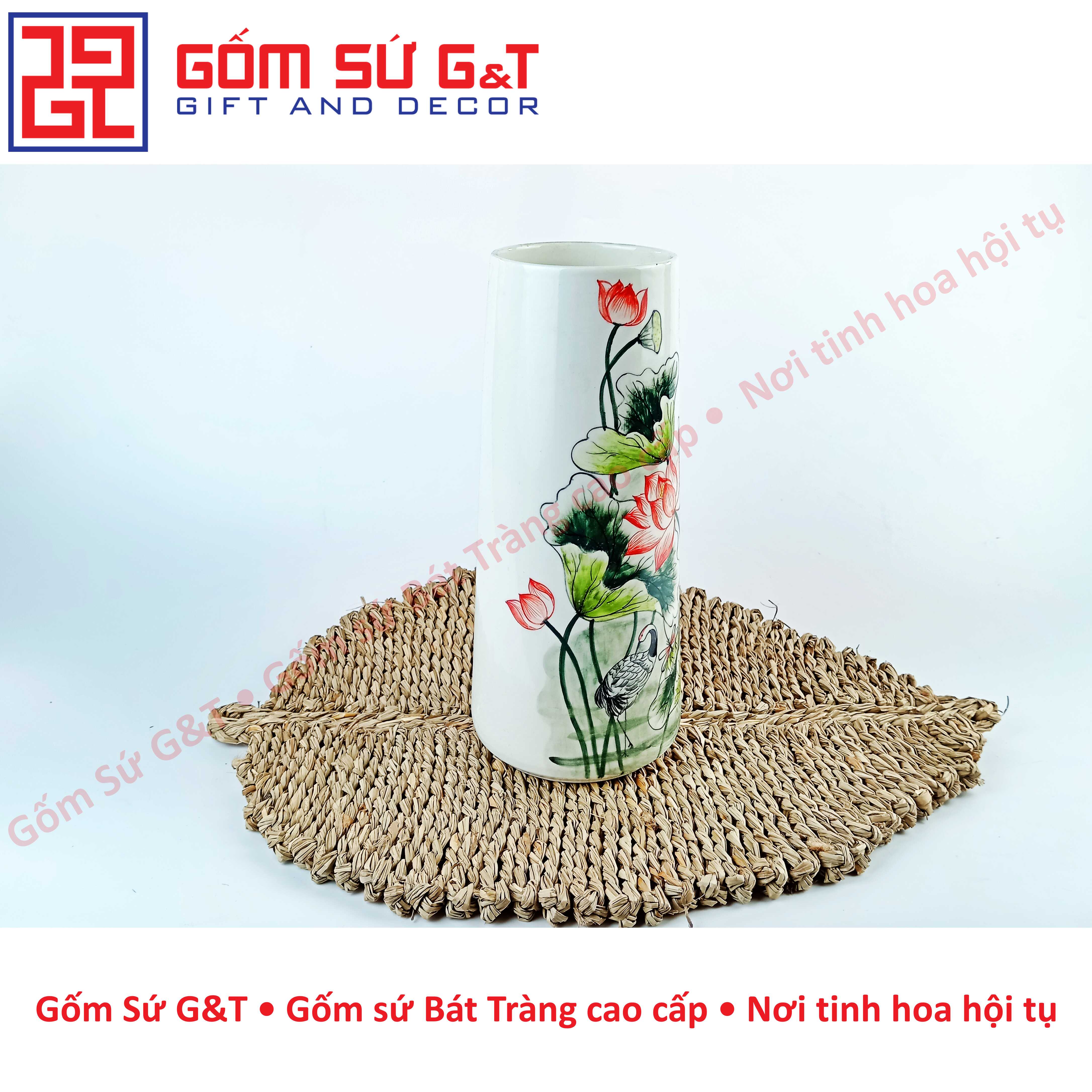 Lọ hoa dáng ống vẽ sen hạc Gốm Sứ G&amp;T