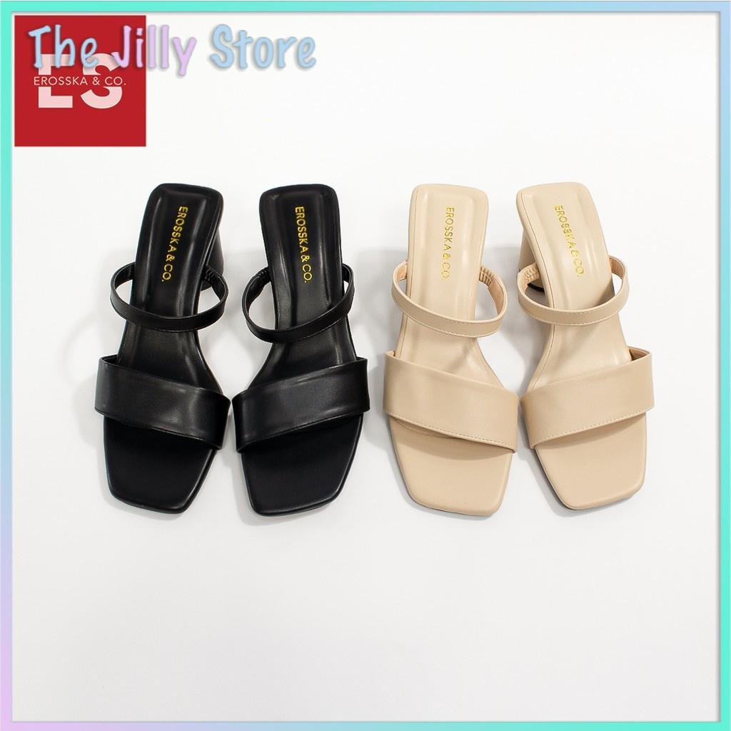 Giày sandal cao gót Erosska mũi vuông dây bảng phối gót tròn cao 5m màu đen _ EB026