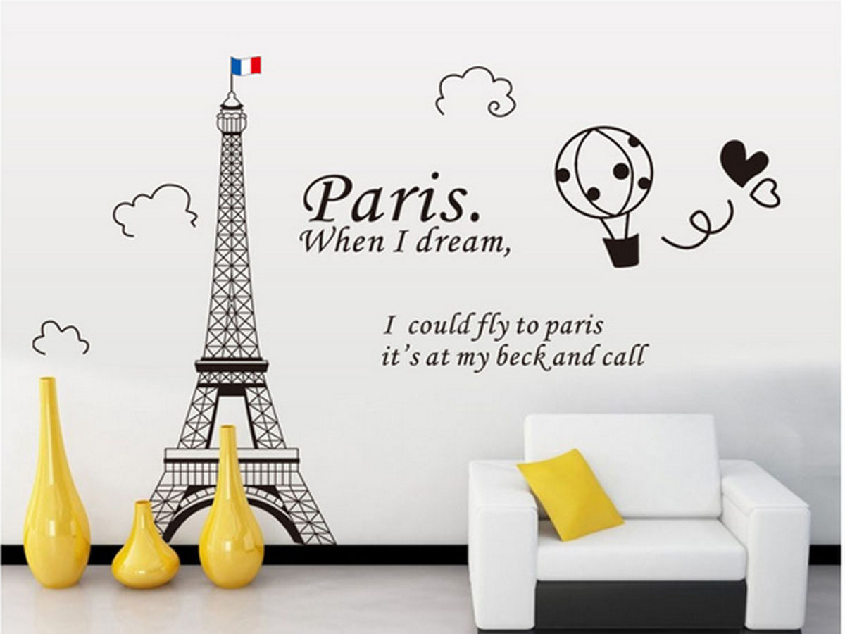 Decal dán tường thành phố paris mộng mơ và tháp eiffel đen