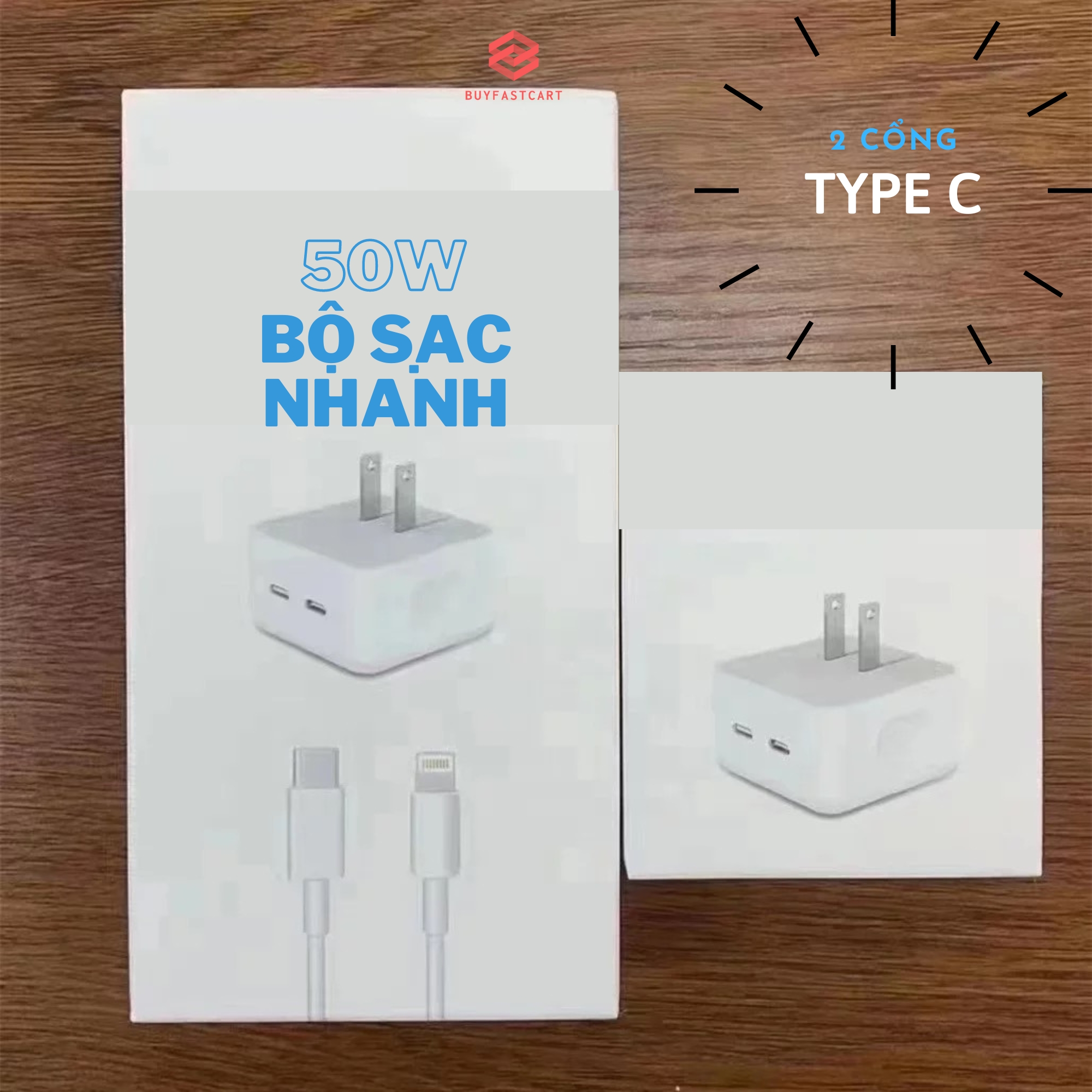 Bộ sạc nhanh 50w Buyfastcart K1 tích hợp 2 cổng ra type C hàng chuẩn đủ W màu trắng- Hàng chính hãng