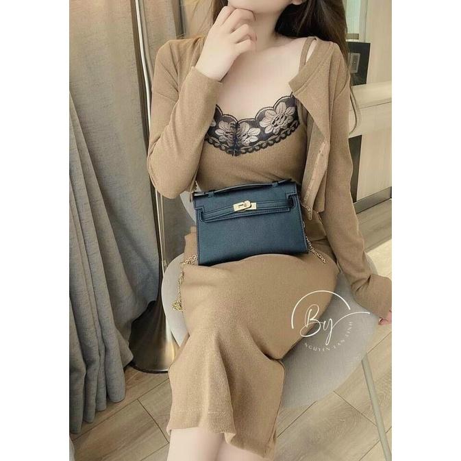 Set bộ - Set bộ đầm body phối ren kèm áo khoác ngoài thời trang, Chất thun co dãn
