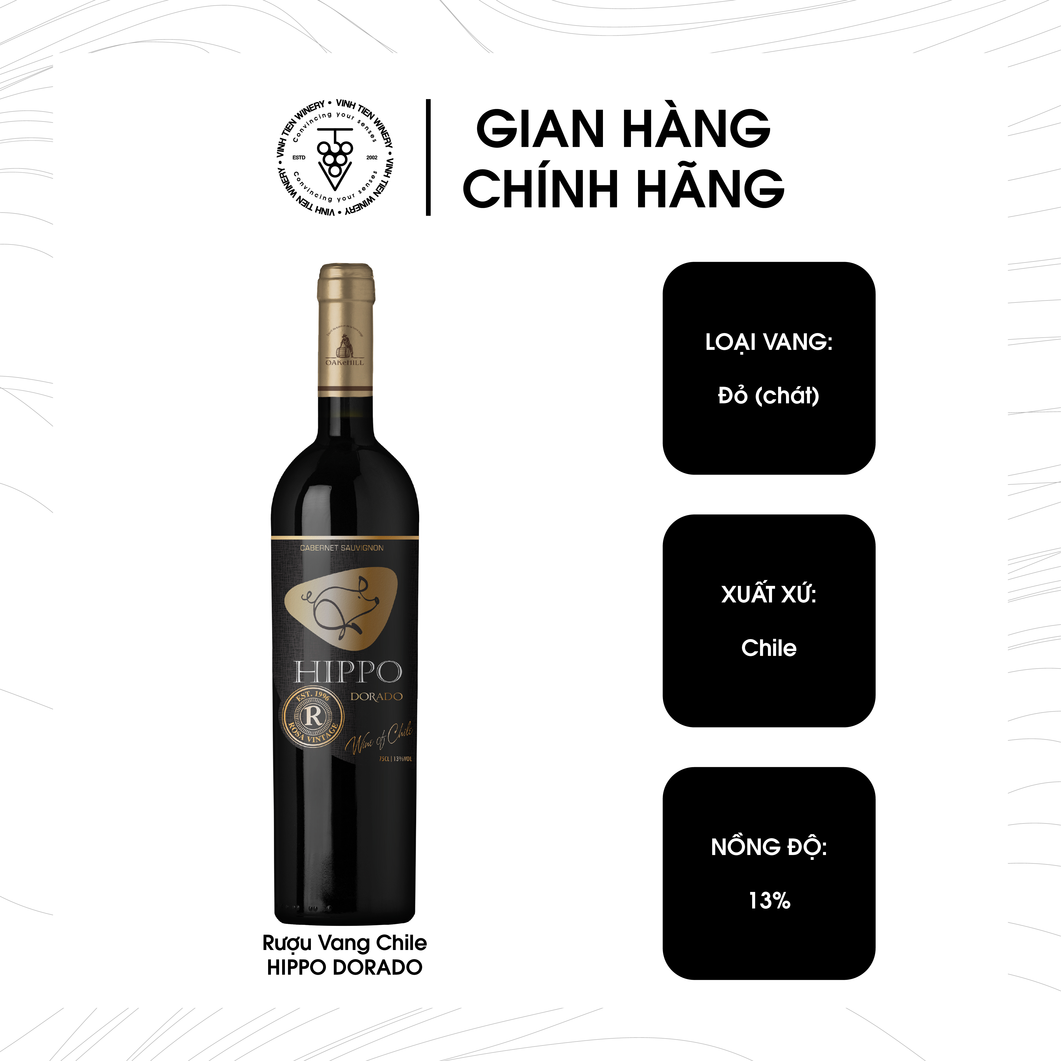 Rượu Vang Đỏ Hippo Dorado Nhập Khẩu Chile 13% vol - Chai 750ml.