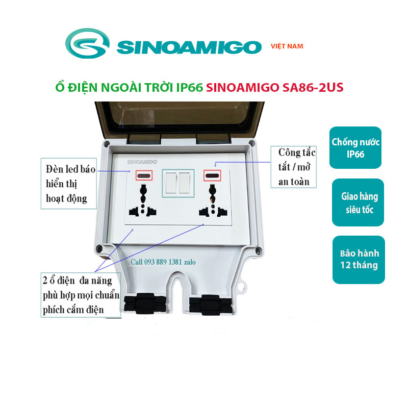 Ổ cắm điện ngoài trời chống nước, chống bụi IP66 Sinoamigo SA86-2US - Nhập khẩu chính hãng