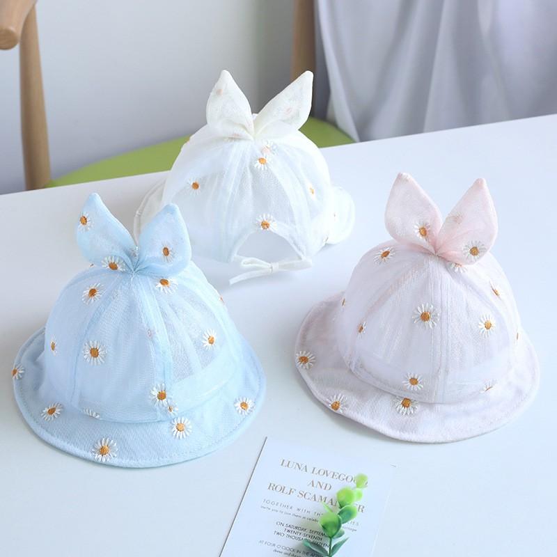 Mũ vành tròn cho bé từ 4 đến 12 tháng có nơ và họa tiết hoa cúc