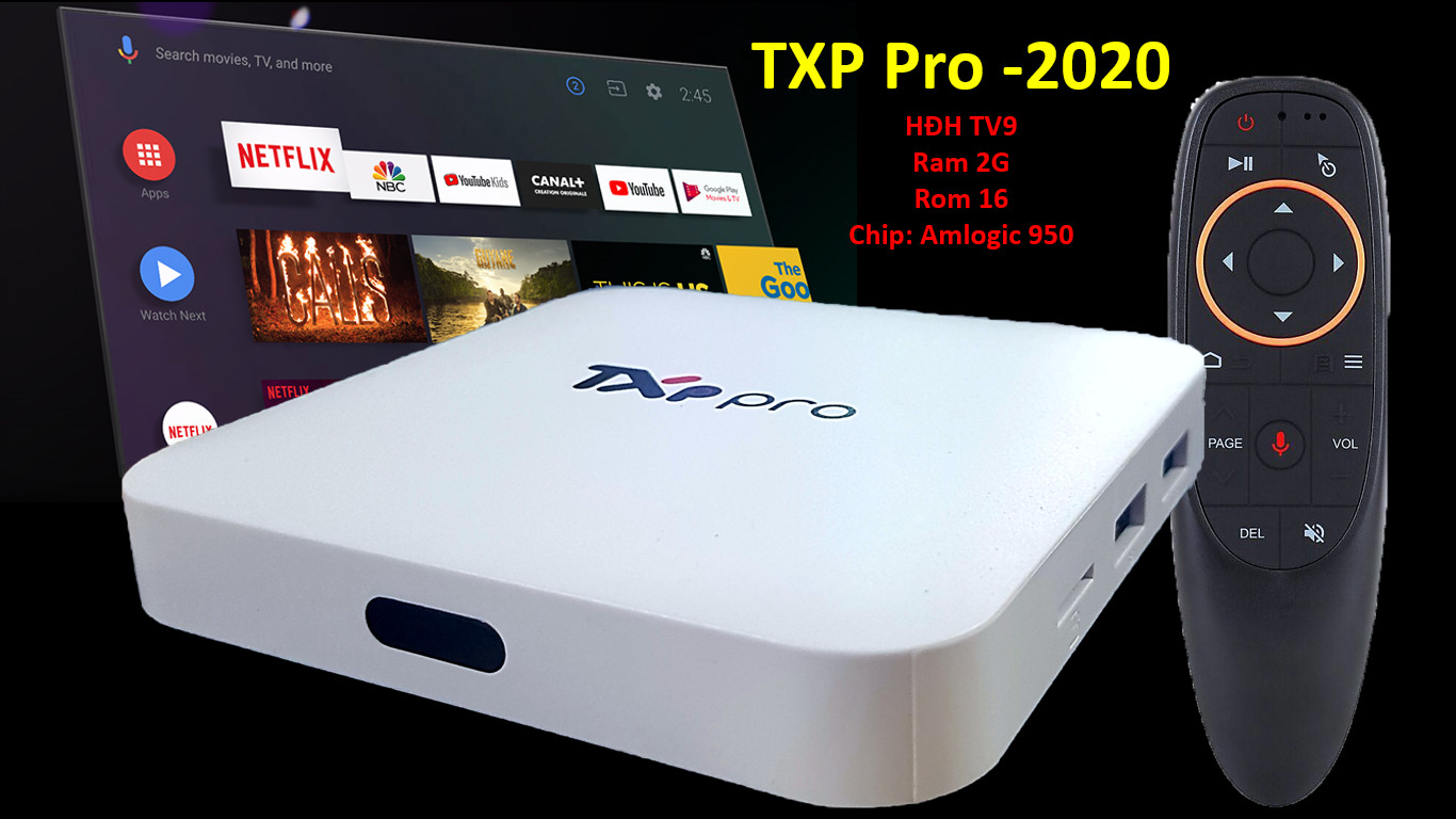 Tivi Box TXP Pro kèm ĐK giọng nói G10S tích hợp Chuột bay, xem truyền hình miễn phí HĐH Android 9 Ram 2G Rom 16G Chip Amlogic 905 - Hàng Chính Hãng