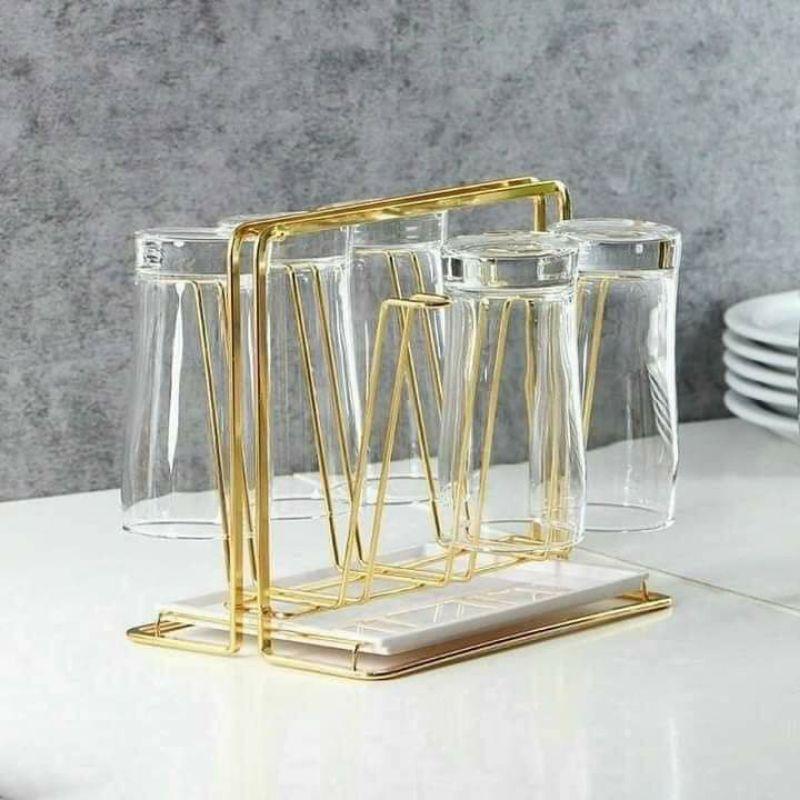 Úp cốc chữ nhật kèm khay, giá úp cốc inox 304 mạ vàng cao cấp không hoen gỉ
