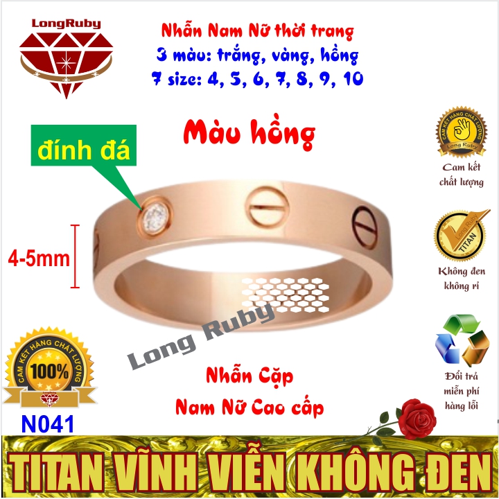 Nhẫn Cặp Đôi Nam Nữ Titan Đính Đá Sang Trọng | Nhẫn Thời Trang màu Trắng Vàng Hồng - N041T