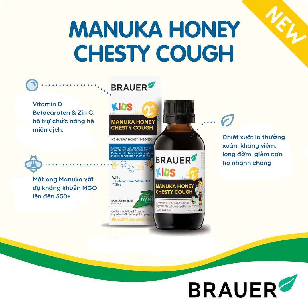 Siro hỗ trợ giảm ho cho trẻ từ 2 tuổi Brauer Manuka Honey Úc giảm ho, ngứa và rát cổ họng, làm mát và dịu cổ họng, tăng sức đề kháng - OZ Slim Store