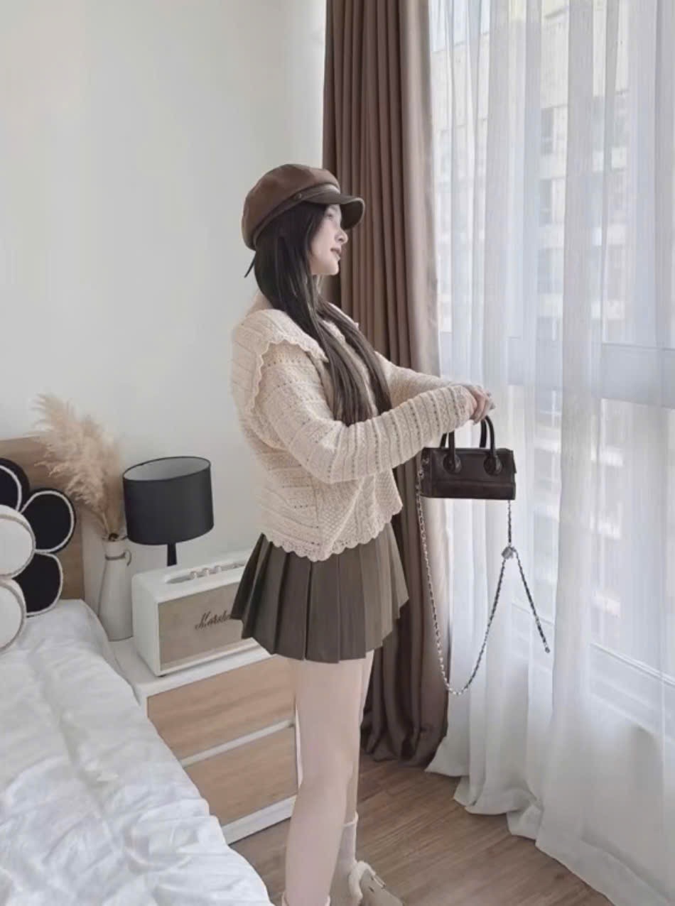 Áo khoác len kiểu dệt kim cổ bẻ tiểu thư