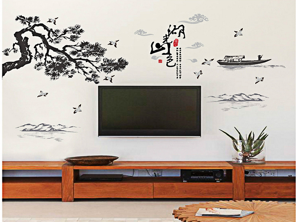 Decal dán tường phong thủy cây tùng đen tranh thủy mặc