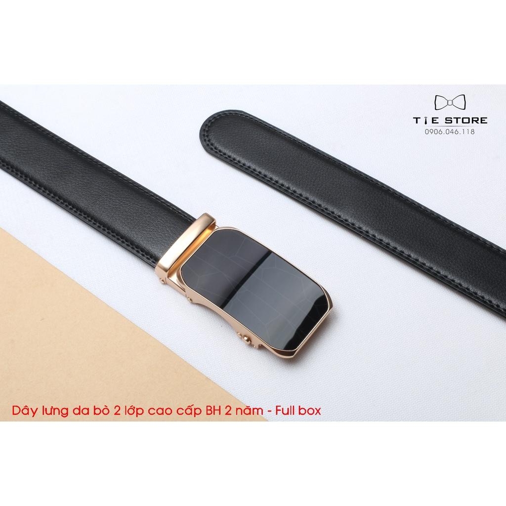 Thắt Lưng Nam Da bò 2 lớp cao cấp BH 2 năm Full box - Mặt đen trơn vân chìm