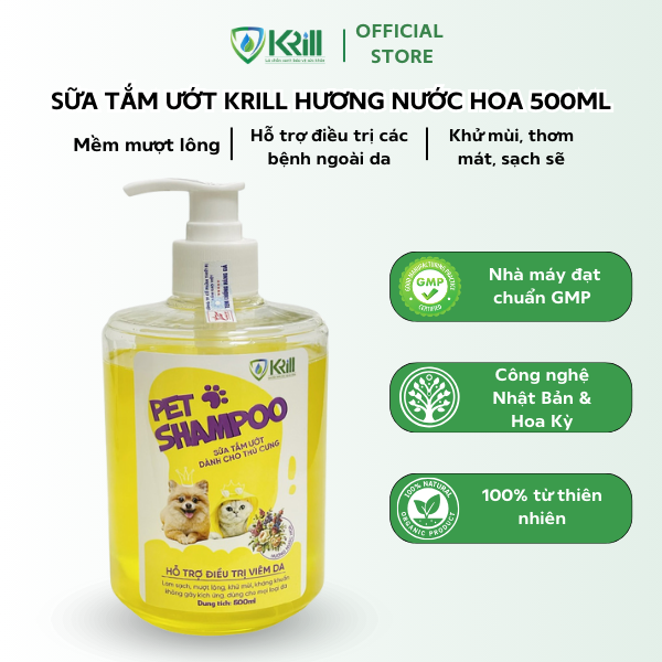 Sữa tắm ướt thú cưng KRILL hương Nước Hoa 580ml mềm mượt lông, hỗ trợ điều trị các bệnh ngoài da, loại bỏ mùi hôi