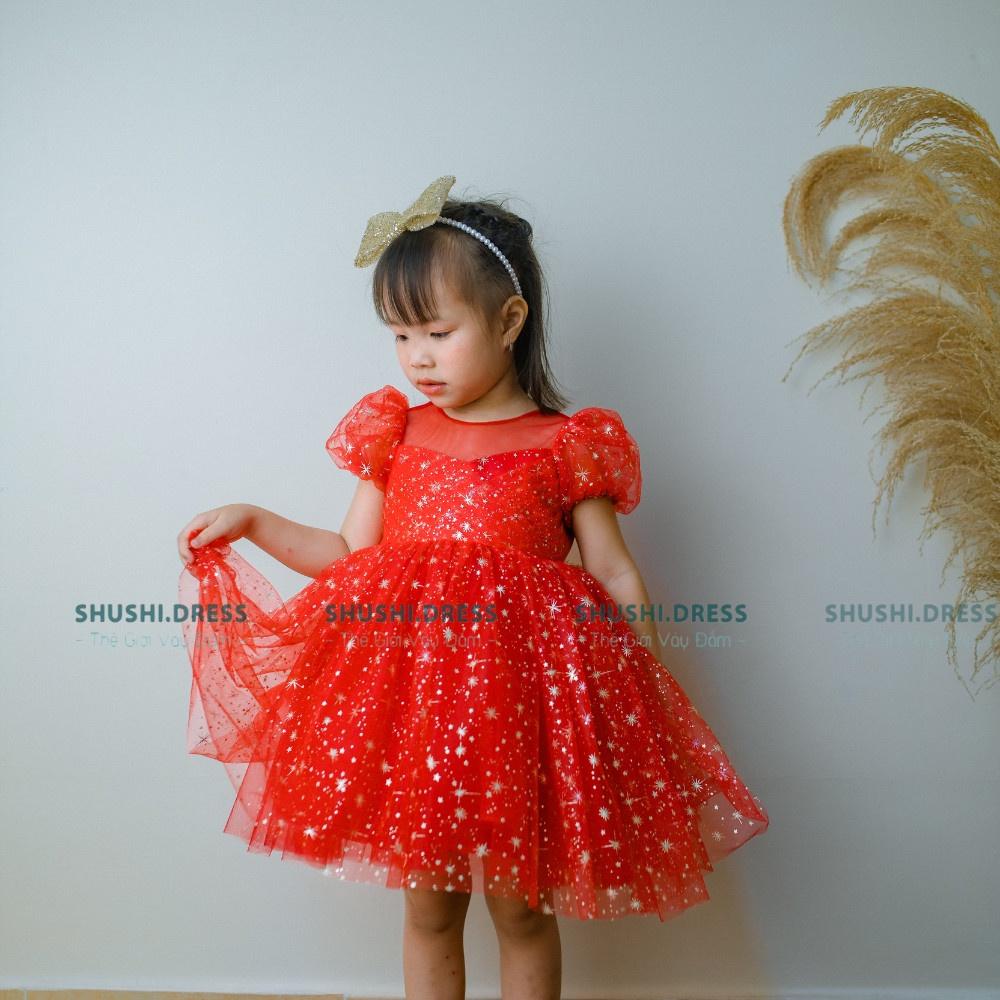 Váy công chúa bé gái, đầm công chúa màu đỏ princess ba chi tiết cài tóc nơ, nơ to cài váy, váy tùng xòe 5 lớp