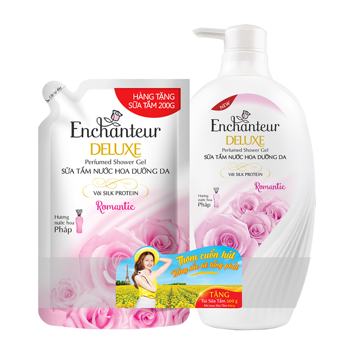 Sữa tắm nước hoa Enchanteur Romantic 650gr + Túi Sữa tắm 200gr SMP