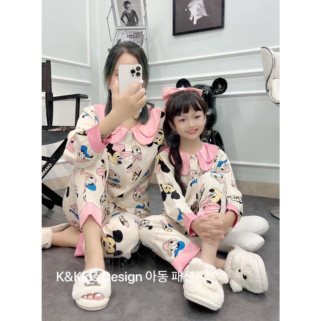 Đồ bộ ngủ bé gái, bộ pijama dài tay cho bé size 16-30kg chất lụa satin mềm mát