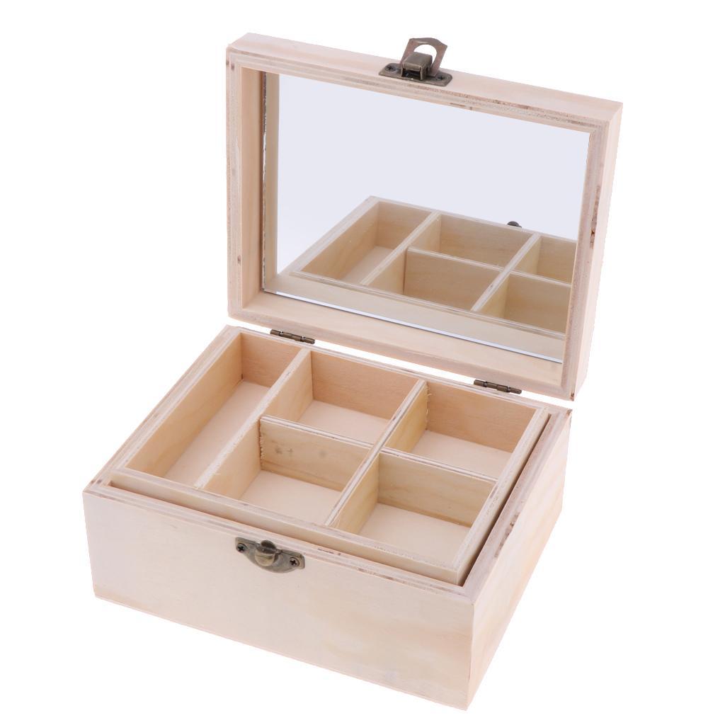 Rectangle Wood Box Jewelry Case Wedding Gift Makeup Cosmetic Earrings Ring Desk Rangement Make Up Wooden Organizer with Mirror - 2 Layers