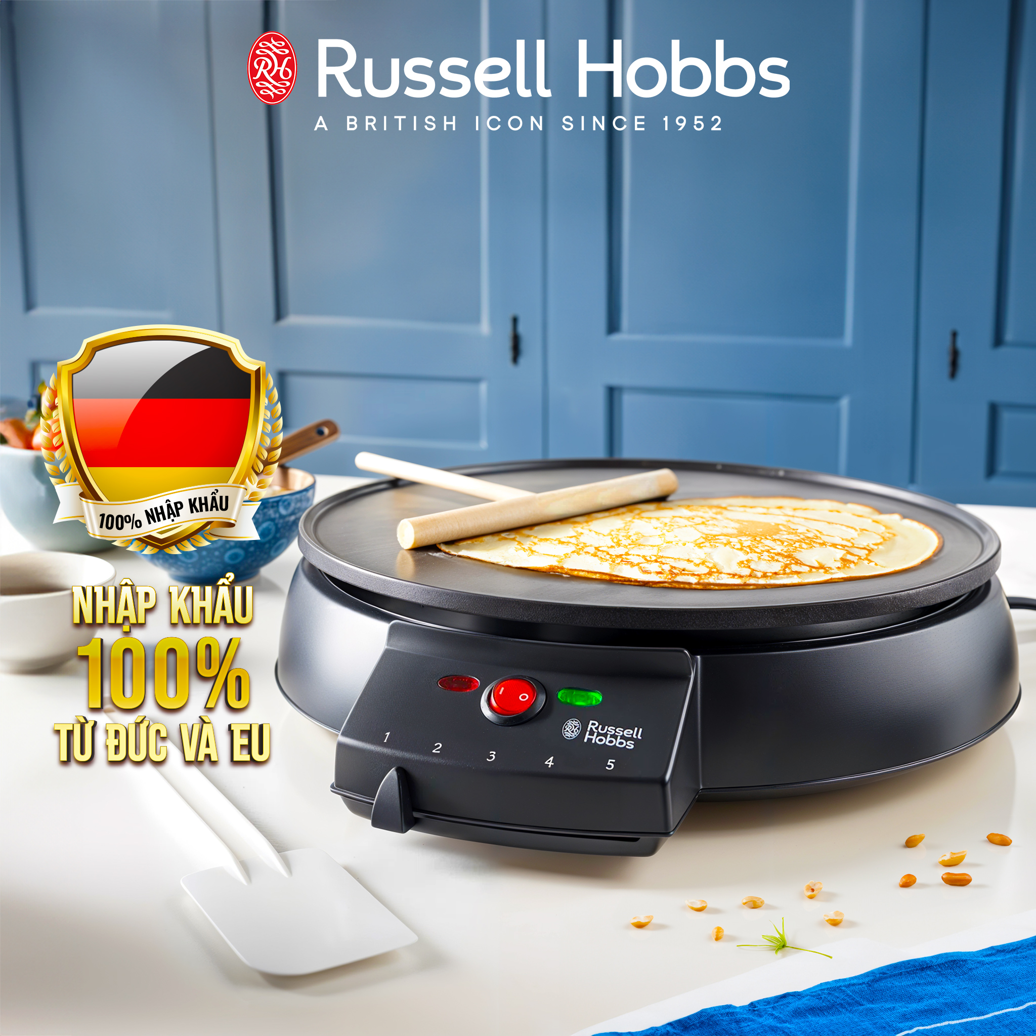 Máy làm bánh crepe, pancake điện Russell Hobbs, chống dính, điều chỉnh nhiệt độ, đèn báo hiệu - Hàng Chính Hãng Nhập khẩu Đức &amp; EU