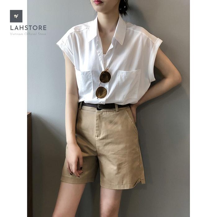 Áo sơ mi thô Linen nữ form rộng cổ bẻ 2 túi ngực trẻ trung LAHSTORE, thời trang phong cách Hàn Quốc