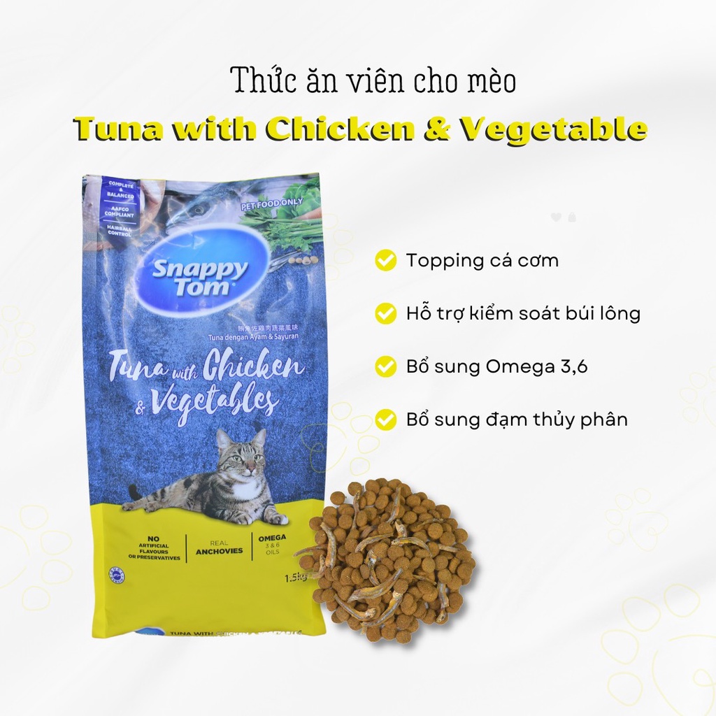 Thức Ăn Hạt Cho Mèo Snappy Tom Loại Mới Có Topping Cá Cơm 1.5kg