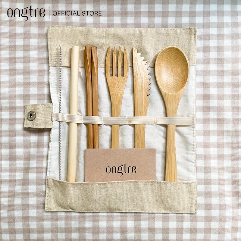 Set 7 món Tre (dao, muỗng, nĩa, đũa, cọ rửa, túi vải) du lịch tiện lợi (Bamboo Travel Utensil Pouch) | ongtre (Vietnam)