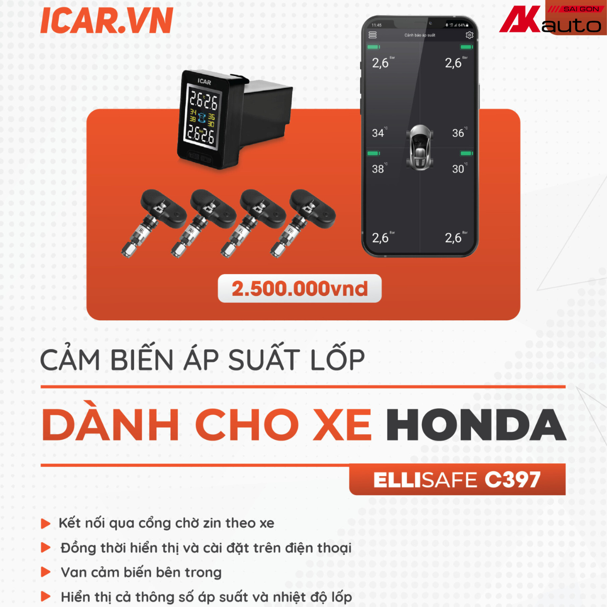 Cảm Biến Áp Suất Lốp ICAR C397 Dành Cho Xe Honda - Tích Hợp Lên Cổng Chờ