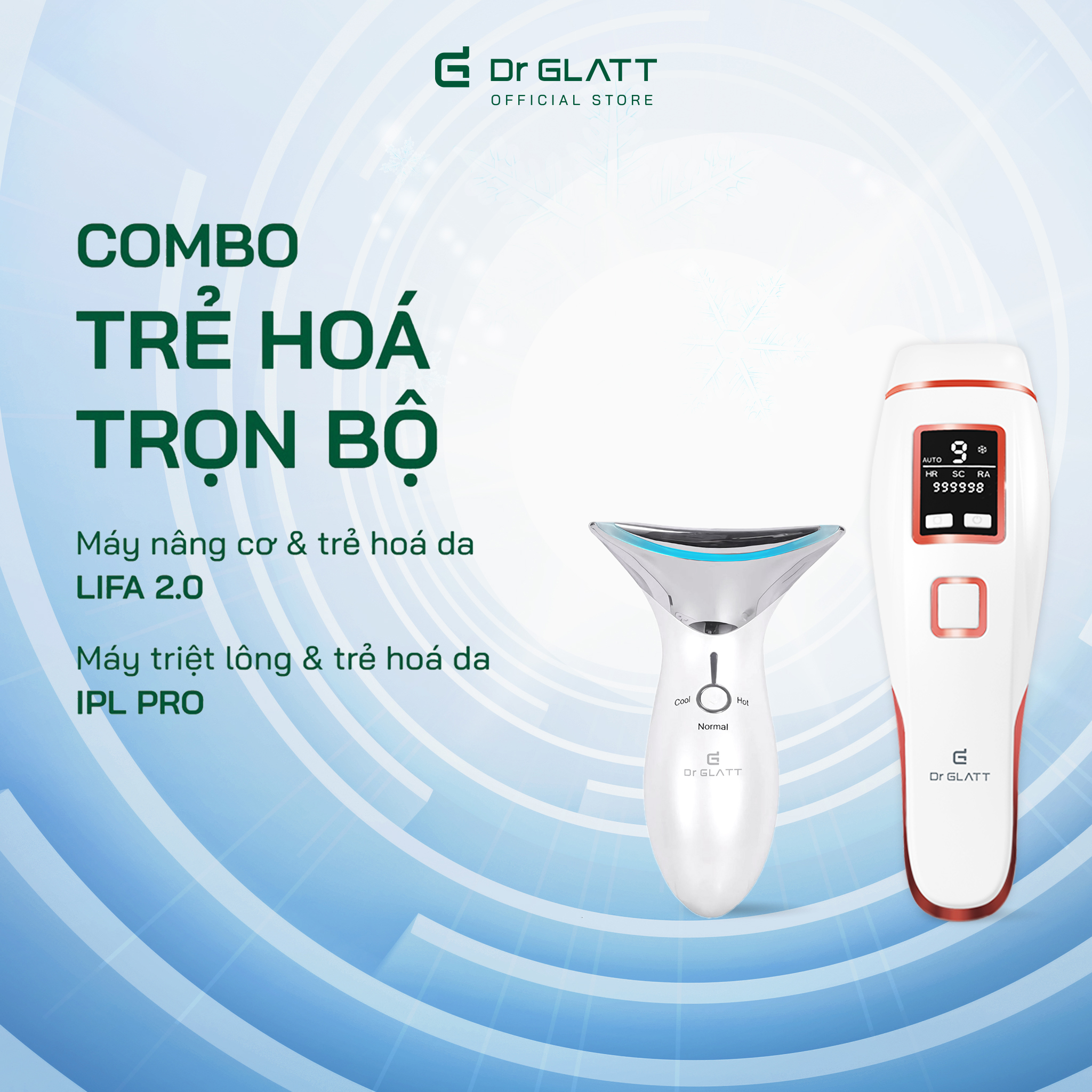 Set máy triệt lông mini đa năng và máy massage mặt - triệt lông vĩnh viễn, nâng cơ chống nhăn, tăng sinh collagen DR GLATT