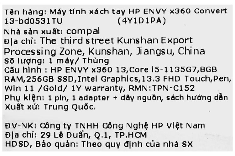 Laptop HP Envy x360 13 bd0531TU i5 1135G7/8GB/256GB/13.3&quot;F/Touch/Pen/Win10/(4Y1D1PA)/Vàng - Hàng chính hãng