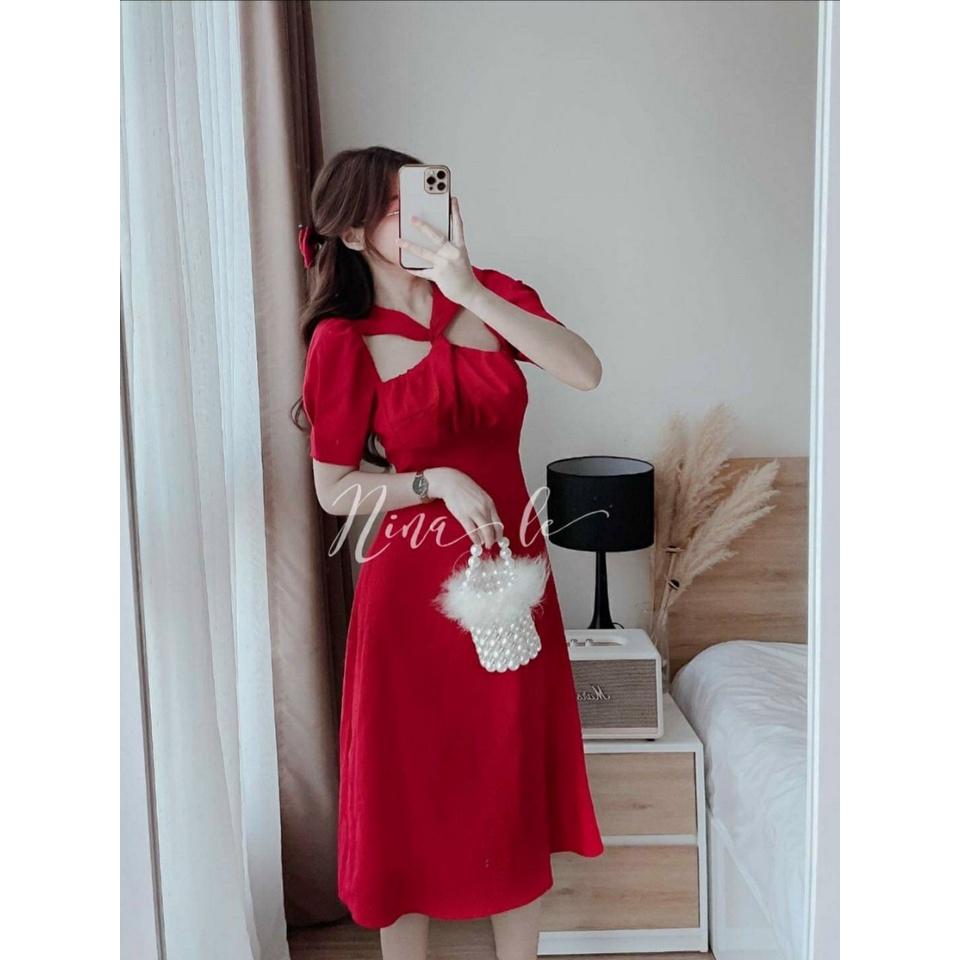 Đầm Xòe Cổ Chéo Tay Ngắn Thời Trang Nữ Dự Tiệc