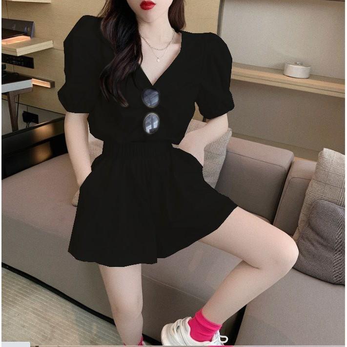 Bộ Áo croptop tay bồng kết hợp quần đùi basic Freesize Set Áo Tay Bồng bo chun ngực Kèm Quần Short Chất Đũi Siêu Hot