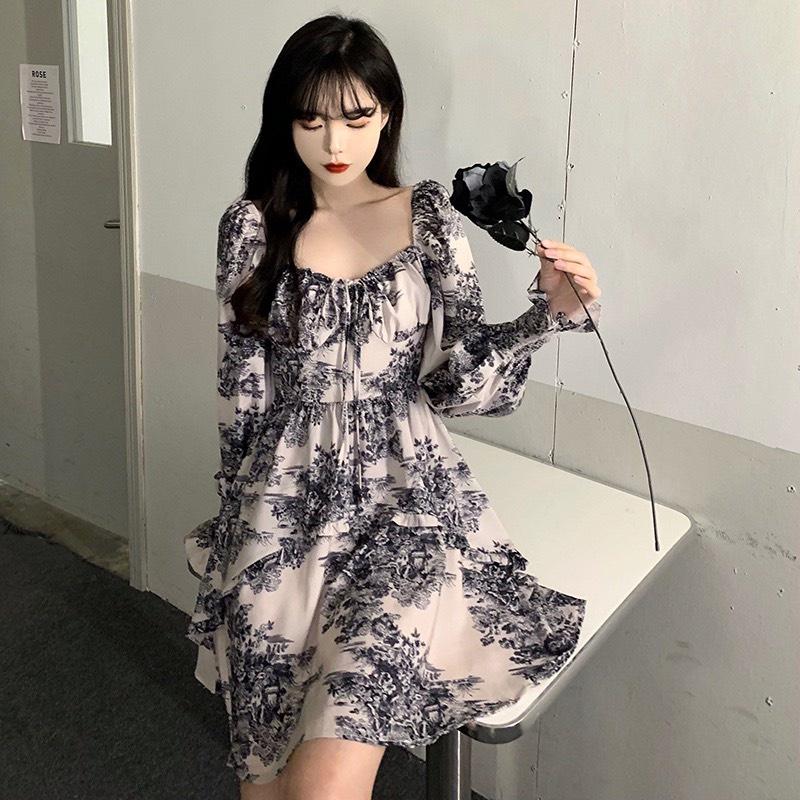 Váy nữ đầm phong cách mực cổ điển mới của Pháp thiết kế cổ vuông cổ tích vintage Pasana0003v