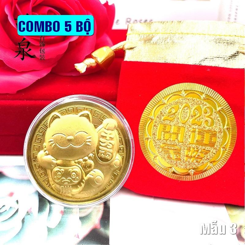 Bộ 5 Đồng Xu Con Mèo kèm túi gấm 2023 tặng người thân bạn bè đồng nghiệp Tết Quý Mão - Mẫu 3 - NELI