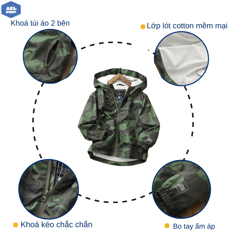 Áo khoác gió bé trai JDK 26 - 45kg, áo khoác thu đông 2 lớp cho bé 5 đến 16 tuổi hàng Quảng Châu cao cấp