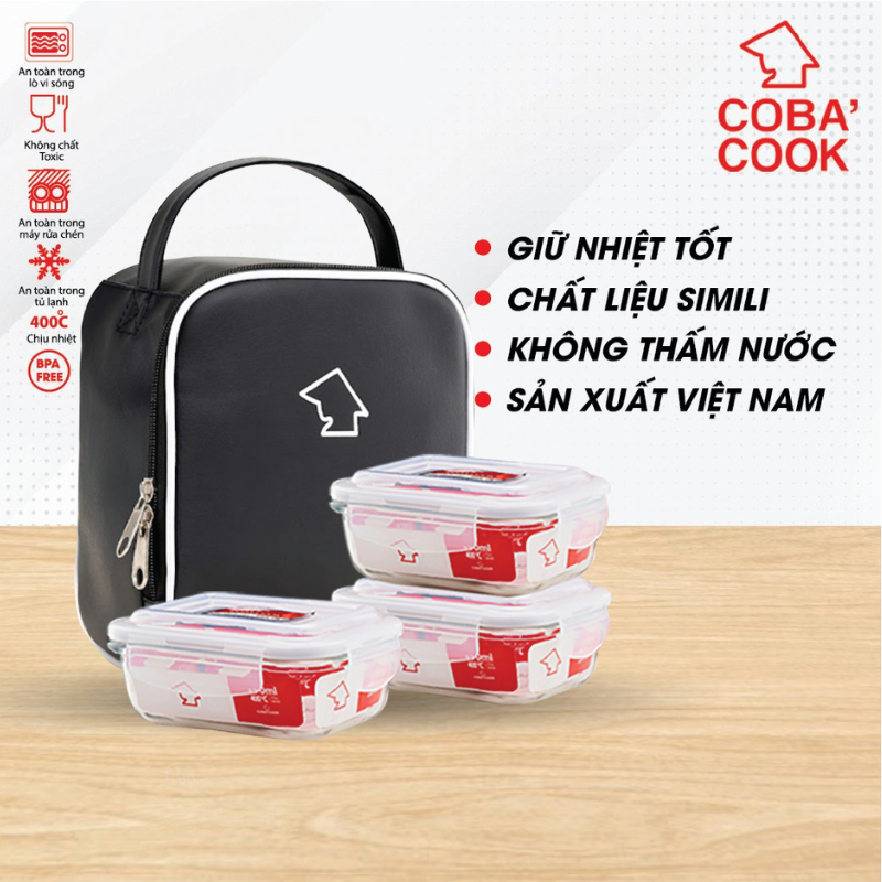 Bộ 3 hộp thủy tinh chịu nhiệt COBA'COOK 3 hộp chữ nhật 370ml và 1 túi simili giữ nhiệt -CCL33SS-XA