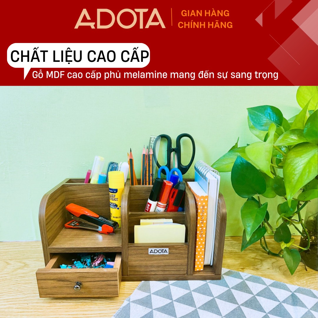 Combo: Kệ gỗ để bàn và hộp cắm bút đơn bằng gỗ để bàn làm việc cao cấp phong cách sang trọng ADOTA