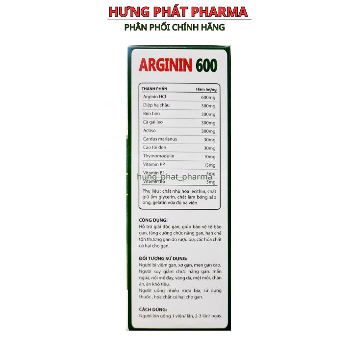 Viên uống Arginin 600 giúp tăng cường chức năng gan, thanh nhiệt, giải độc, trị mụn nhọt, dị ứng, điều tiết rối loạn chức năng gan mật – Hộp 60 viên