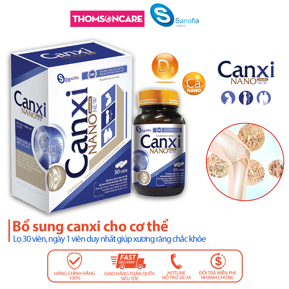 Bổ sung canxi nano sanofia, giúp xương răng chắc khỏe, canxi hữu cơ dễ hấp thu dùng cho cả gia đình, bà bầu - Lọ 30 viên cho cả nhà Sanofia France - Thomsoncare