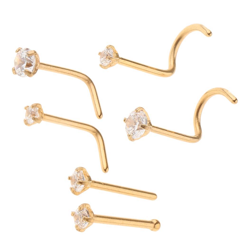 2x6 Pieces Stainless Steel Zircon Crystal Screw Curved Nose Piercing Gold