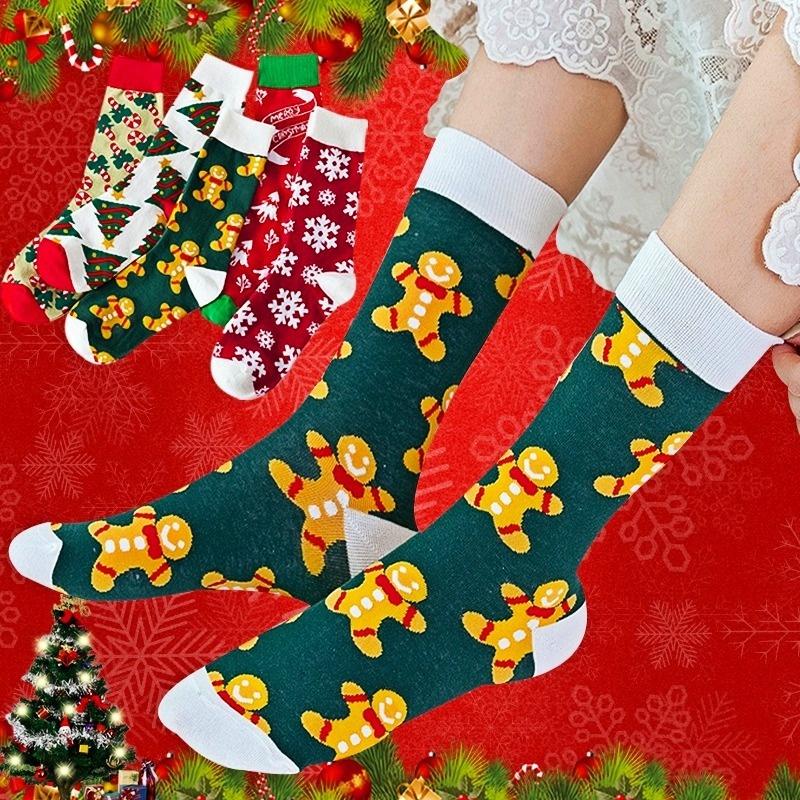 1 đôi vớ cotton cổ trung thoáng khí in họa tiết Giáng Sinh màu sắc thời trang thu đông