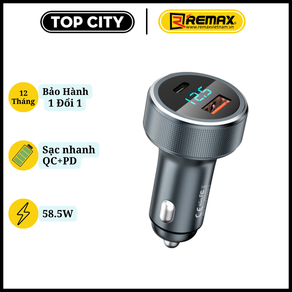 Tẩu sạc nhanh Ôtô 2 cổng 58.5W - Củ Sạc Nhanh Xe Hơi USB Và Type Remax RCC-215 - Hàng Chính Hãng