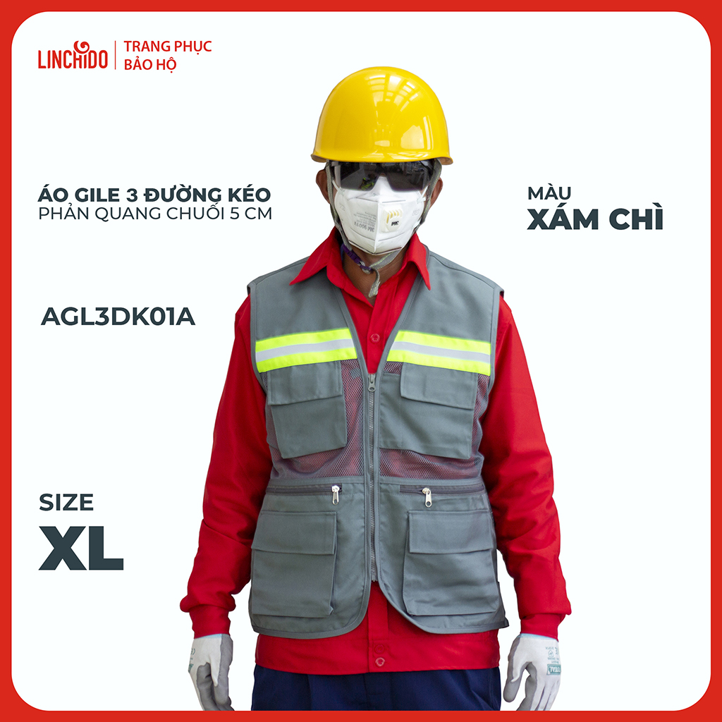 Áo Gile Kỹ Sư, Giám Sát Công Trình, Bảo Hộ Lao Động, 3 Đường Kéo, 6 Túi - Mã AGL3DK01A