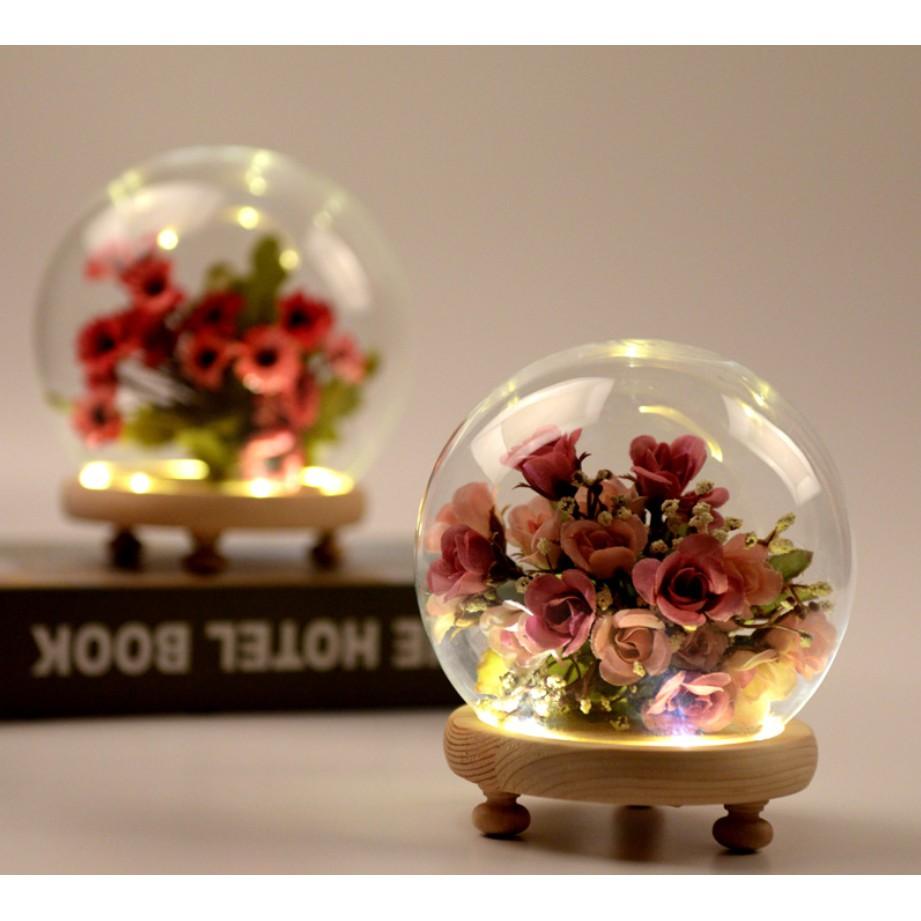 Cầu thủy tinh đế gỗ gắn đèn LED trang trí mô hình, hoa khô, tiểu cảnh hoặc trưng bày đồ trang sức, DIY
