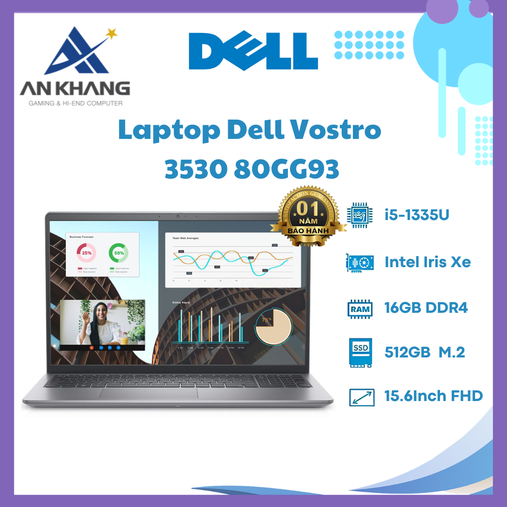 Laptop Dell Vostro 3530 80GG93 (i5 1335U/ 16GB/ 512GB SSD/ 15.6 inch FHD/ Win 11/ Office/ 1Y) - Hàng Chính Hãng - Bảo Hành 12 Tháng