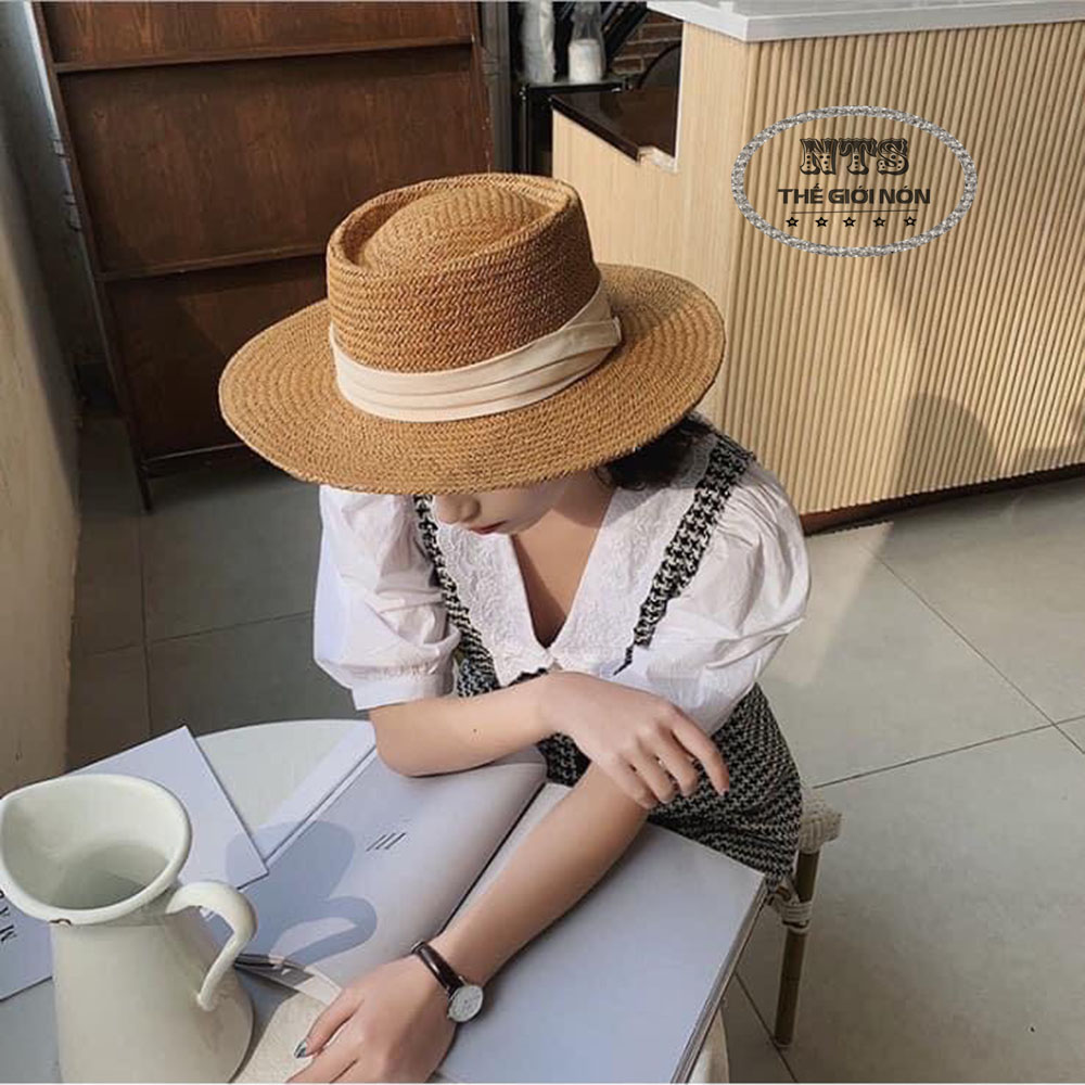 Mũ cói vintage cao cấp, mũ cói đi biển dáng porkpie sành điệu/Nón cói thời trang cao cấp