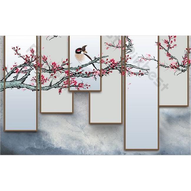 Hoa anh đào và khung cảnh chim tường nổi bật, tranh dán tường 3d hiện đại MS735653