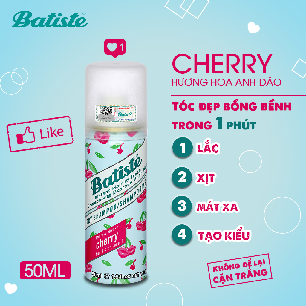 Dầu Gội Khô Batiste Dry Shampoo 50ml Làm Sạch Tóc Tức Thì (Size nhỏ tiện dụng)