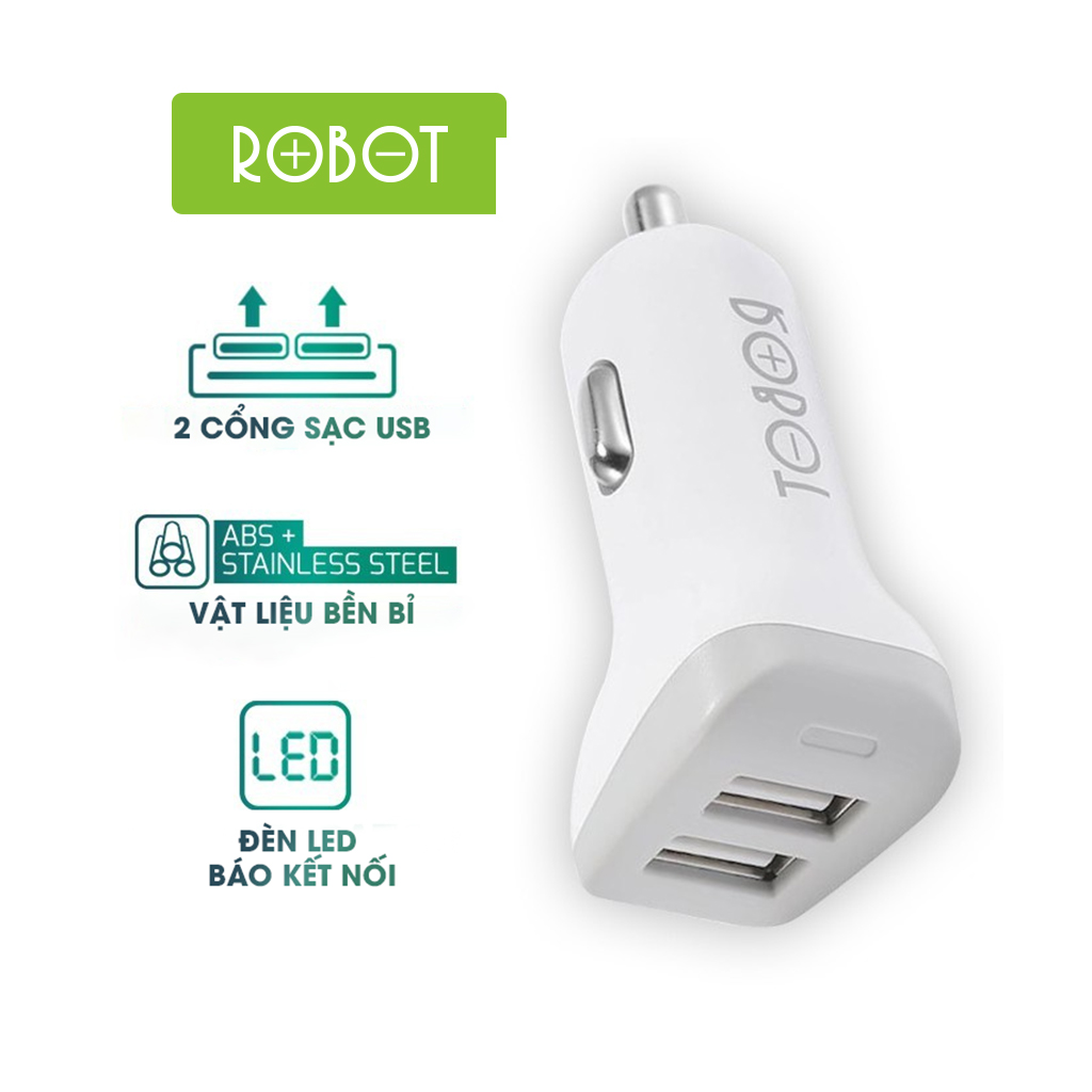 Kèm Video | Tẩu sạc ô tô - xe hơi 2 cổng USB Robot mạch PCBA | Cho thiết bị di động/điện thoại iOS/Apple (iPhone/iPad), Android (Samsung, Xiaomi, Oppo, Huawei, vv) | Màu Trắng - RT-C06 - Hàng Chính Hãng