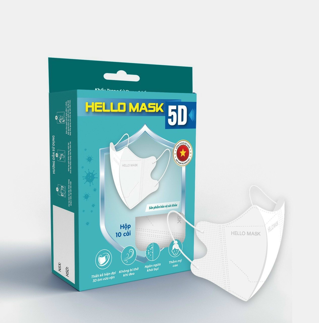 Khẩu trang Hello Mask 5D kháng khuẩn (hộp 10 cái)