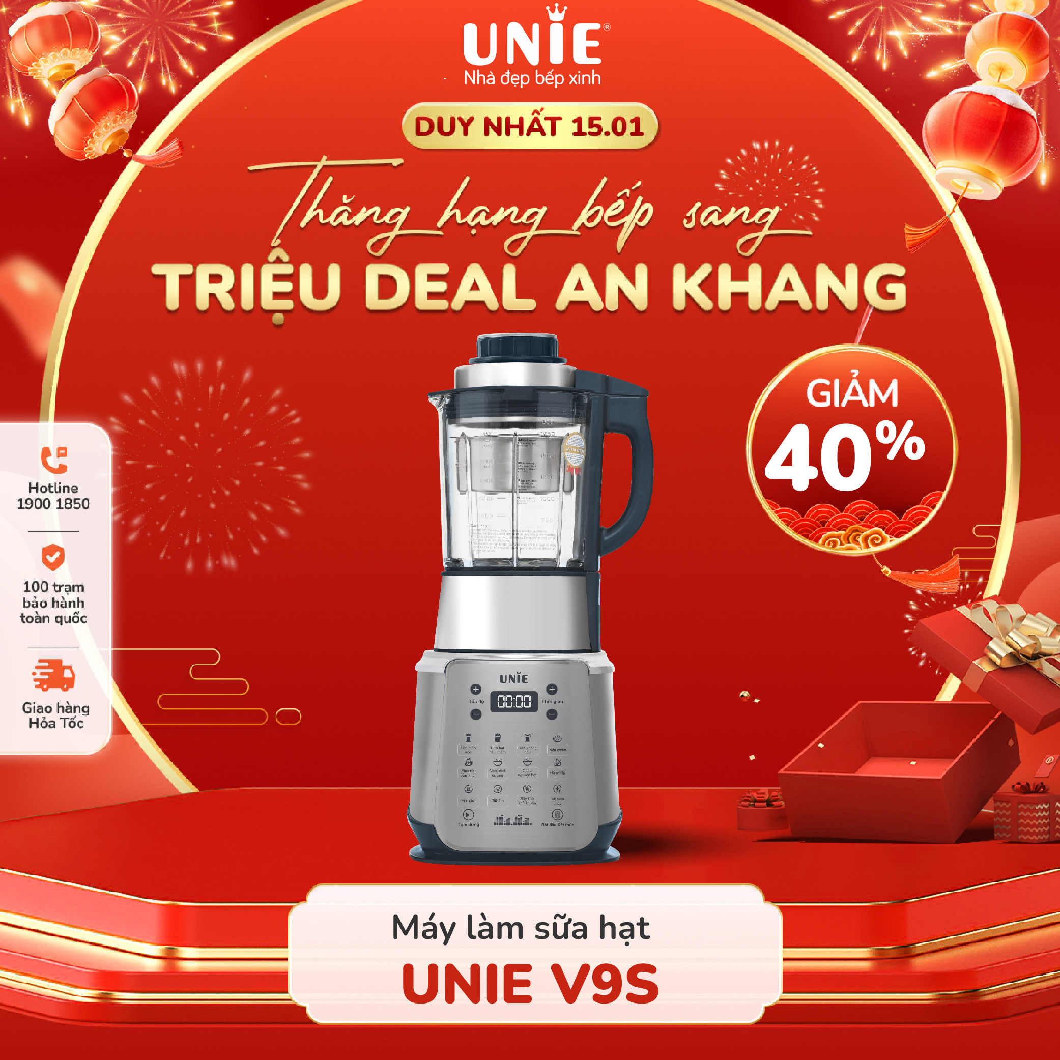 Máy Làm Sữa Hạt Unie V9s Phiên Bản Cao Cấp dung tích 1.75L,công suất 1800w, Thiết kế hiện đại, sang trọng, Công nghệ sấy khô khử khuẩn, tính năng tạm dừng hiện đại - Hàng Chính Hãng