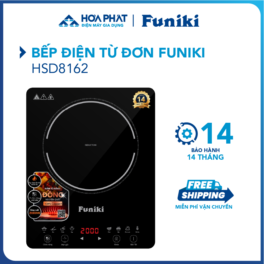 Bếp từ đơn Funiki HSD8162 - Công suất 2000W - Bảo hành 14 tháng - Hàng chính hãng